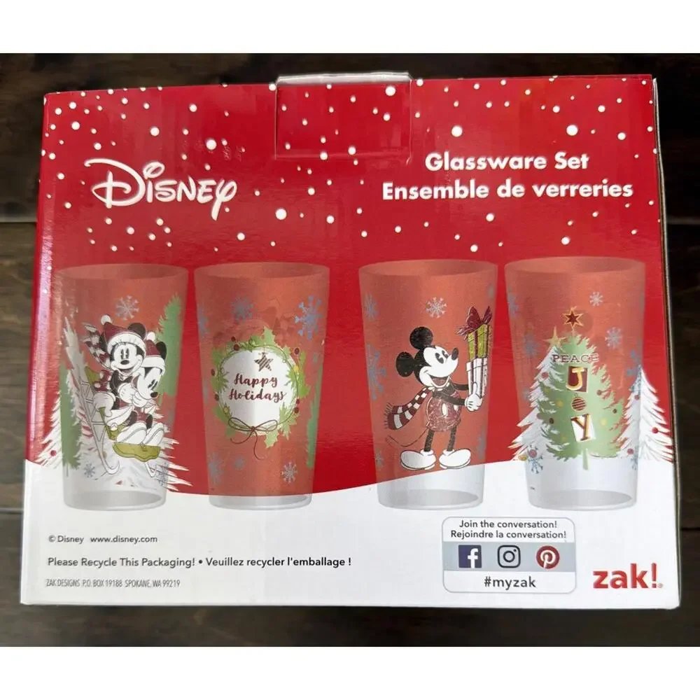 Disney‎ Mickey & Minnie Mouse Christmas Glassware Set of 2 Pint 16 ounce